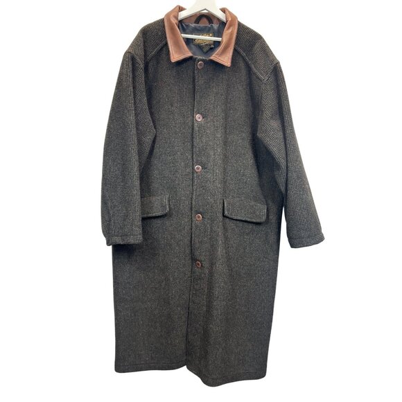 Eddie Bauer Coat‎ Mens XL Brown Herringbone Wool Leather Vtg - Picture 1 of 10